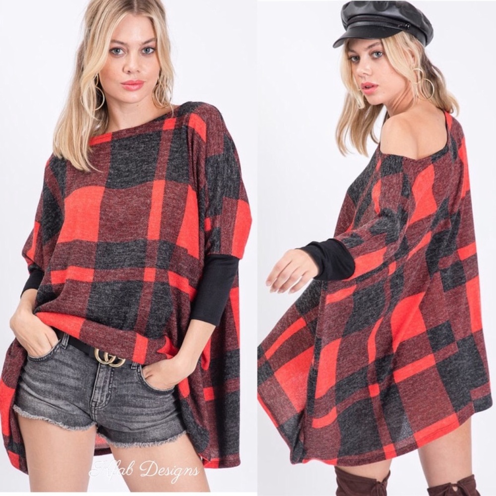 Relaxed Fit Plaid Print Soft Knit Top In Black And Red